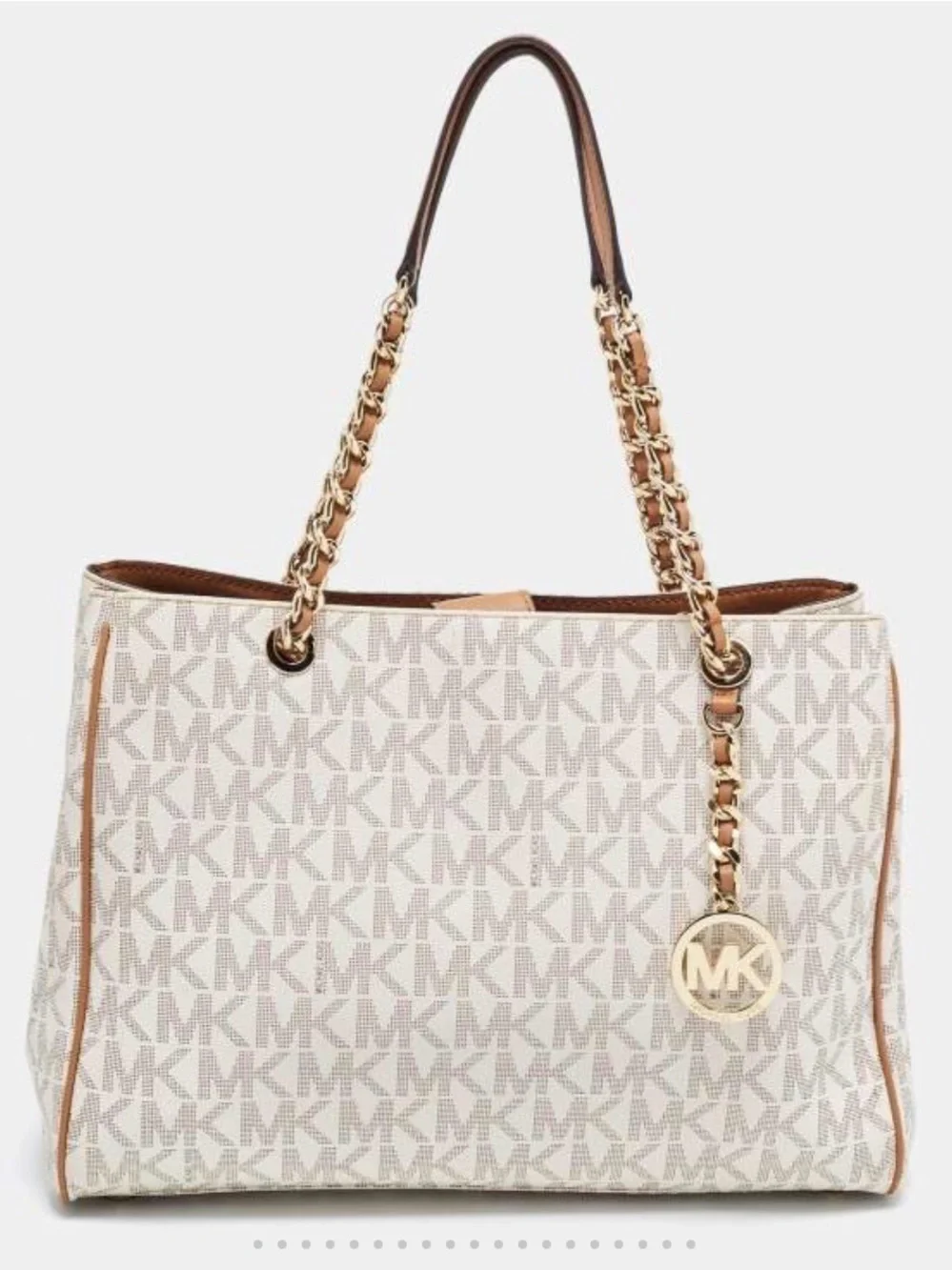 Michael Kors White/Brown Signature Costed Canvas and Leather Tote.